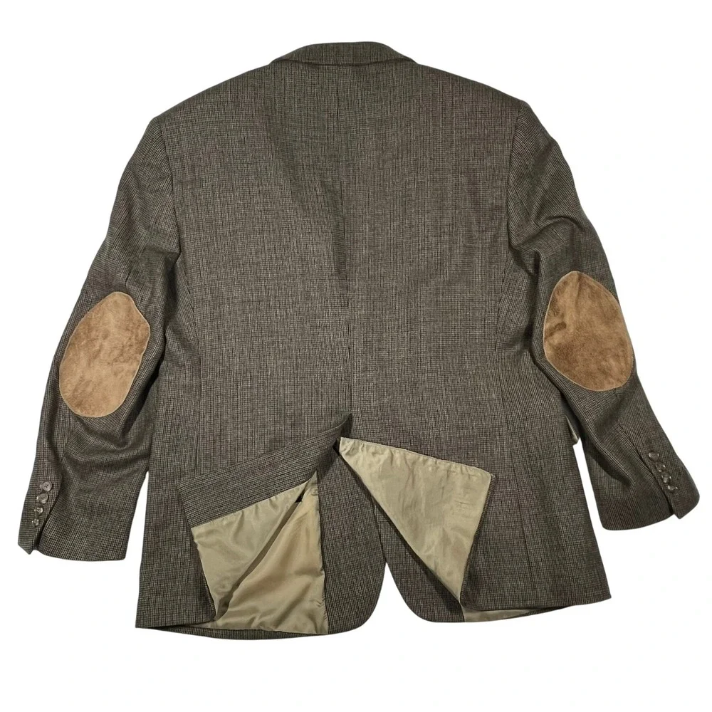 Bill Blass Lambswool Blazer Mens 42S Brown Suede Elbow Patch Blazer Check Tweed